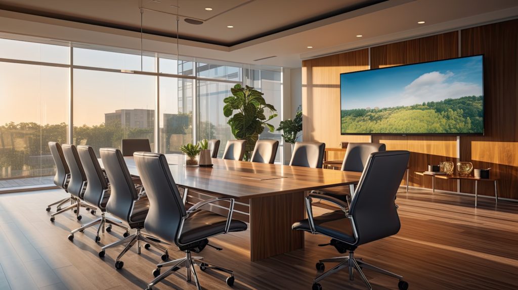 Elegant boardroom with a long, polished wooden table surrounded by high-back leather chairs. Floor-to-ceiling windows offer a view of a sunrise over a cityscape. A large digital screen on the wall displays a lush green forest landscape